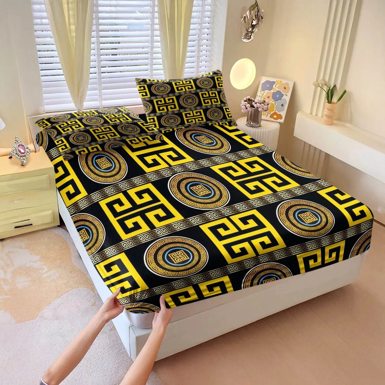 3pcs Black And Gold Geometric Greek Key Print Fitted Sheet Set; Bedding Set Featuring Square And Circular Geometric Patterns; Soft Microfiber Sheet; 1 Fitted Sheet And 2 Pillowcases (Inserts Not Included); Deep Pocket Design; Suitable For Year-Round Use.