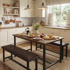 Dining Table Set for 4, Kitchen Table with 2 Upholstered Benches, Wood Kitchen Dining Room Set, 3 Piece Kitchen Table Set for Small Space, Apartment, Studio, Home, Dinner, Brown/White+Black