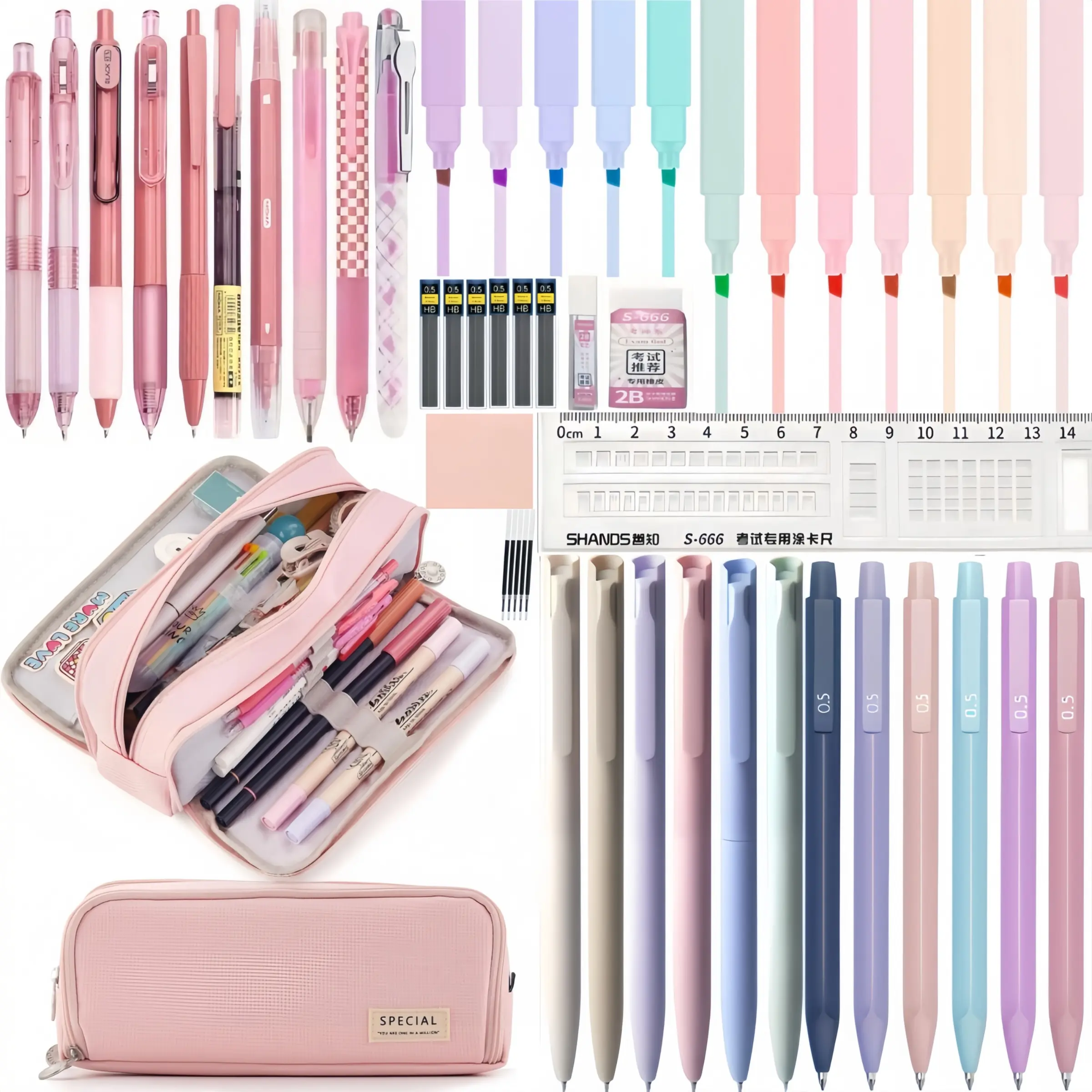50PCS Morandi stationery set,back to school,Large Capacity Pencil Case,8PCS black gel pens,6PCS Morandi 0.5mm mechanical pencil,12PCS Color Pastel Highlighters,sticky note,eraser,ruler,Cute Office School Supplies Gifts for Women Men,school supplies