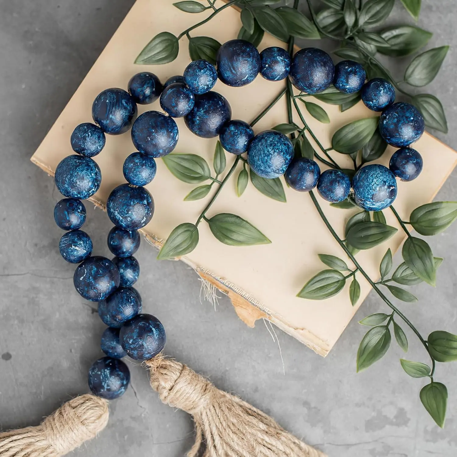 Handcrafted Wooden Round Beads Garland with Tassels, 32" Rustic Blue Boho Decor for Room & Events, DIY Beading Supply for Toys & Hobbies, Modern Rustic Antique Table Tray Accent