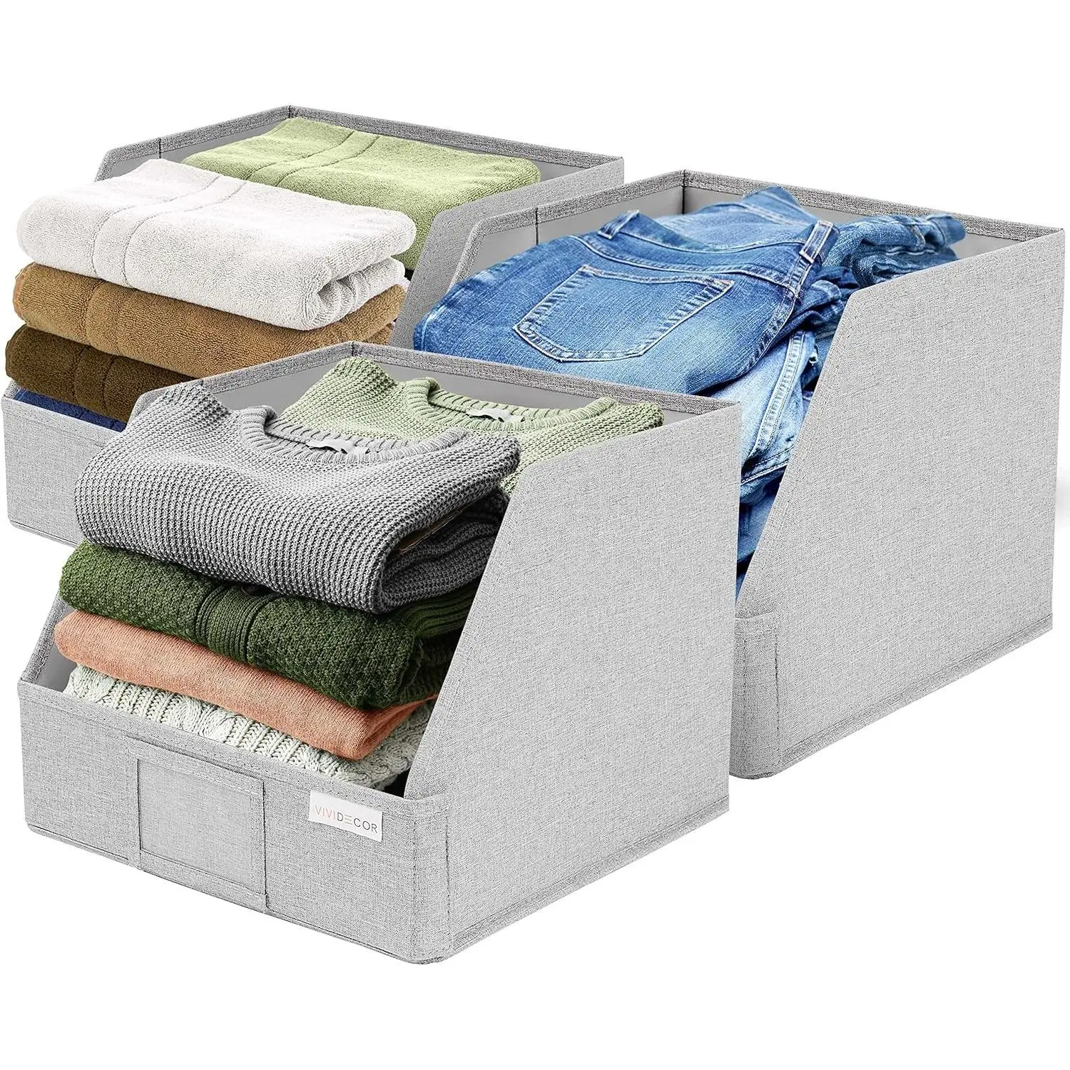 Open Front Trapezoid Closet Bins 12x12x10 – Easy Access Shelf Organizer, Fabric Storage Baskets for Clothes, Linen, Sweaters – Light Gray, 3 Pack