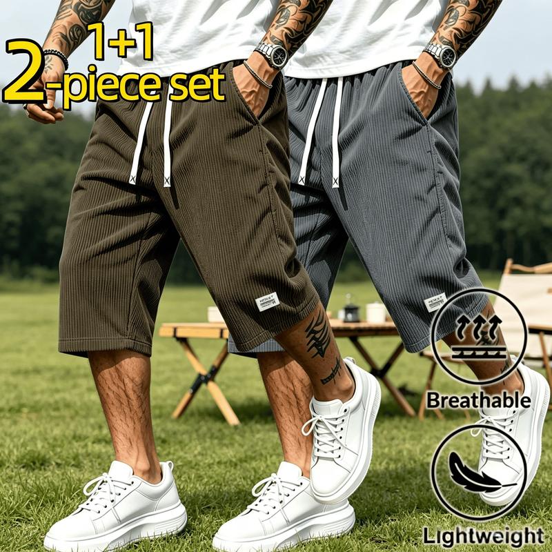 Men's 2-Pieces Corduroy Sports Shorts - Polyester, Loose Silhouette, Sporty Chic, Universal Fit, Drawstring, Quick Dry, Breathable, Cold/Machine Washable - Suitable for Outdoor Activities, Indoor Lounge
