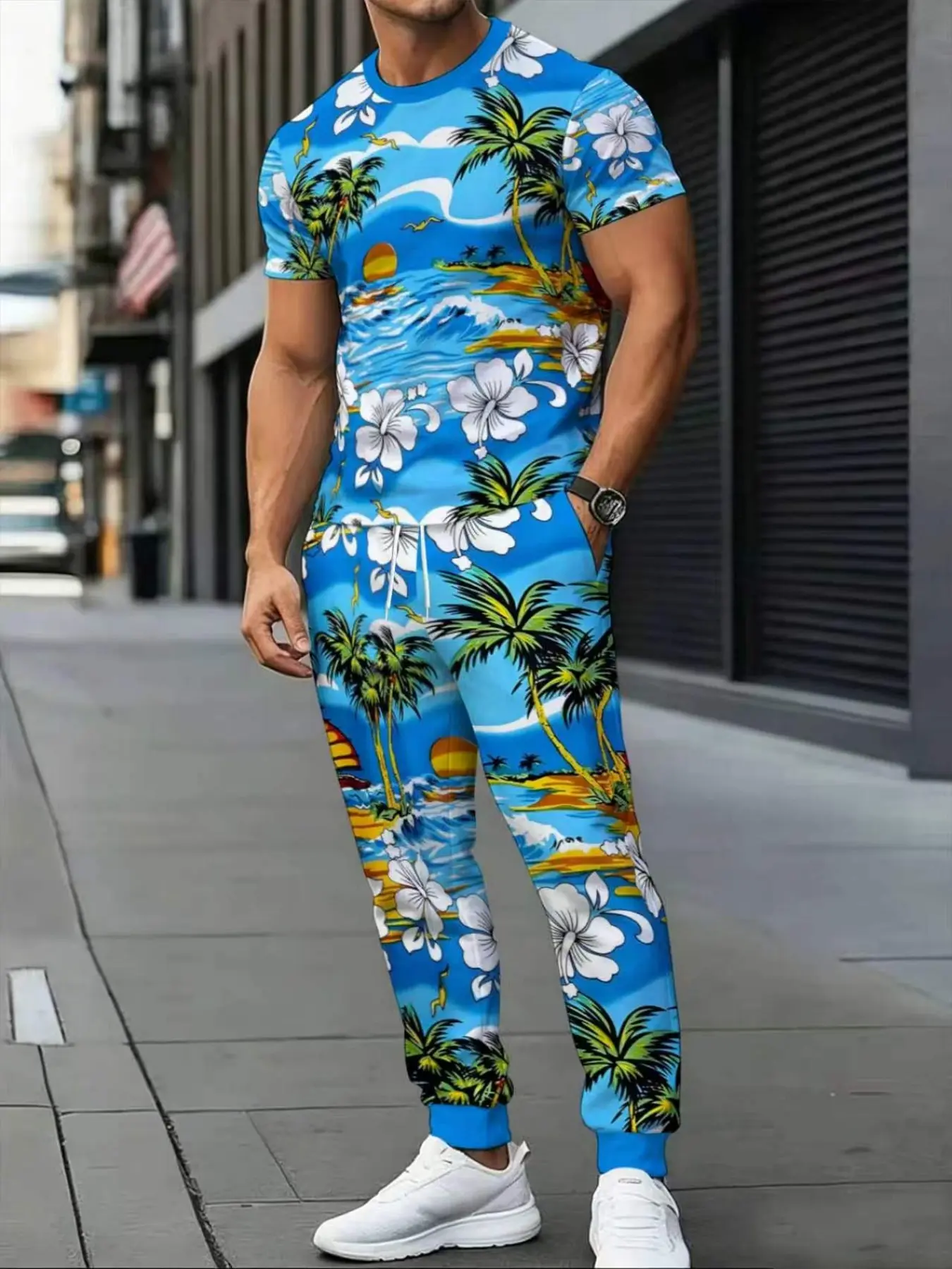 Men's Blue Tropical Coconut Hibiscus Sunset Beach Print Round Neck Short Sleeve T-Shirt + Drawstring Pants Set, Casual Vacation