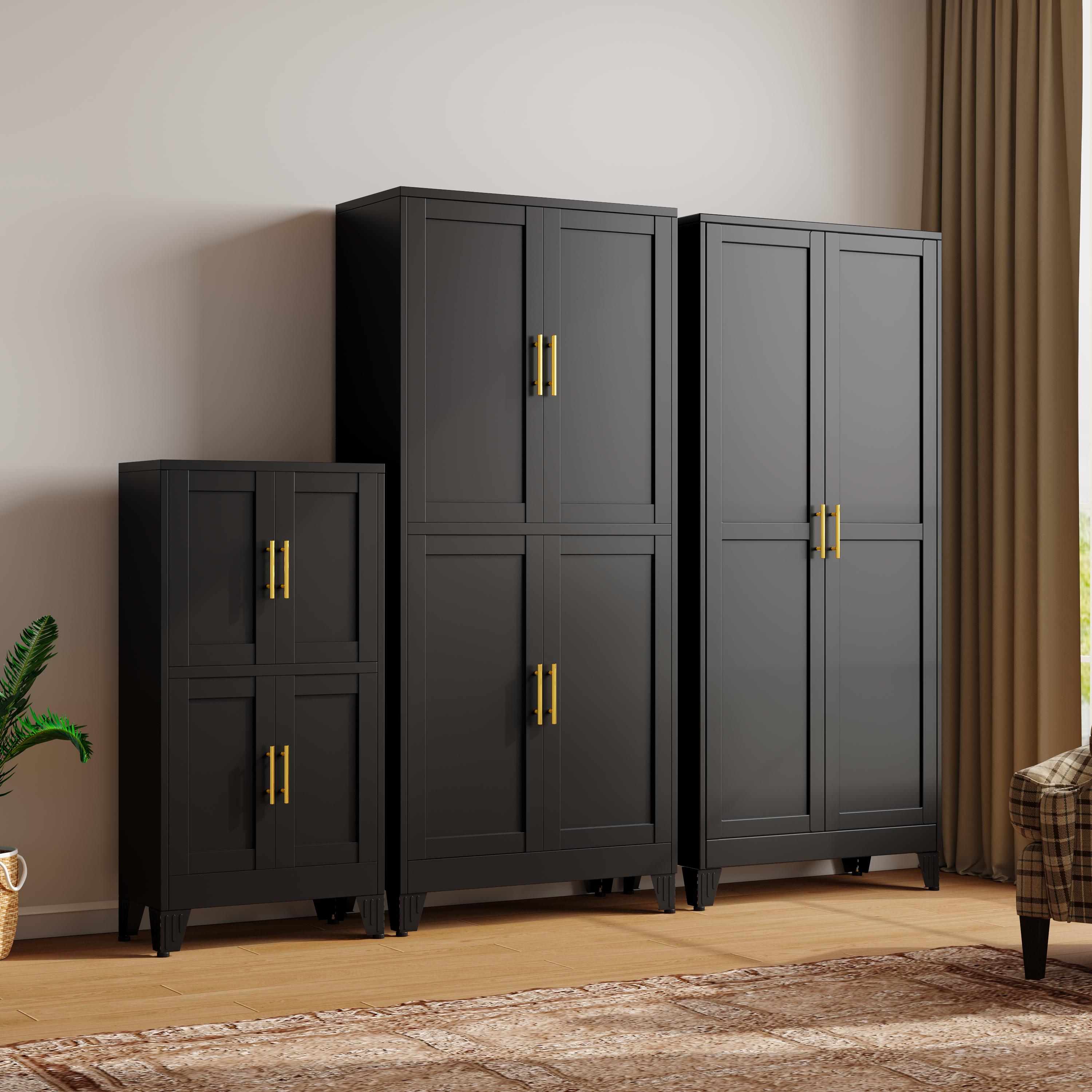 Kitchen Pantry Cabinet 47" Tall Metal Storage with Doors & Adjustable Shelves Black Freestanding Organizer for Kitchen Dining Room Living Room Laundry Room Minimalist Drawer Tower