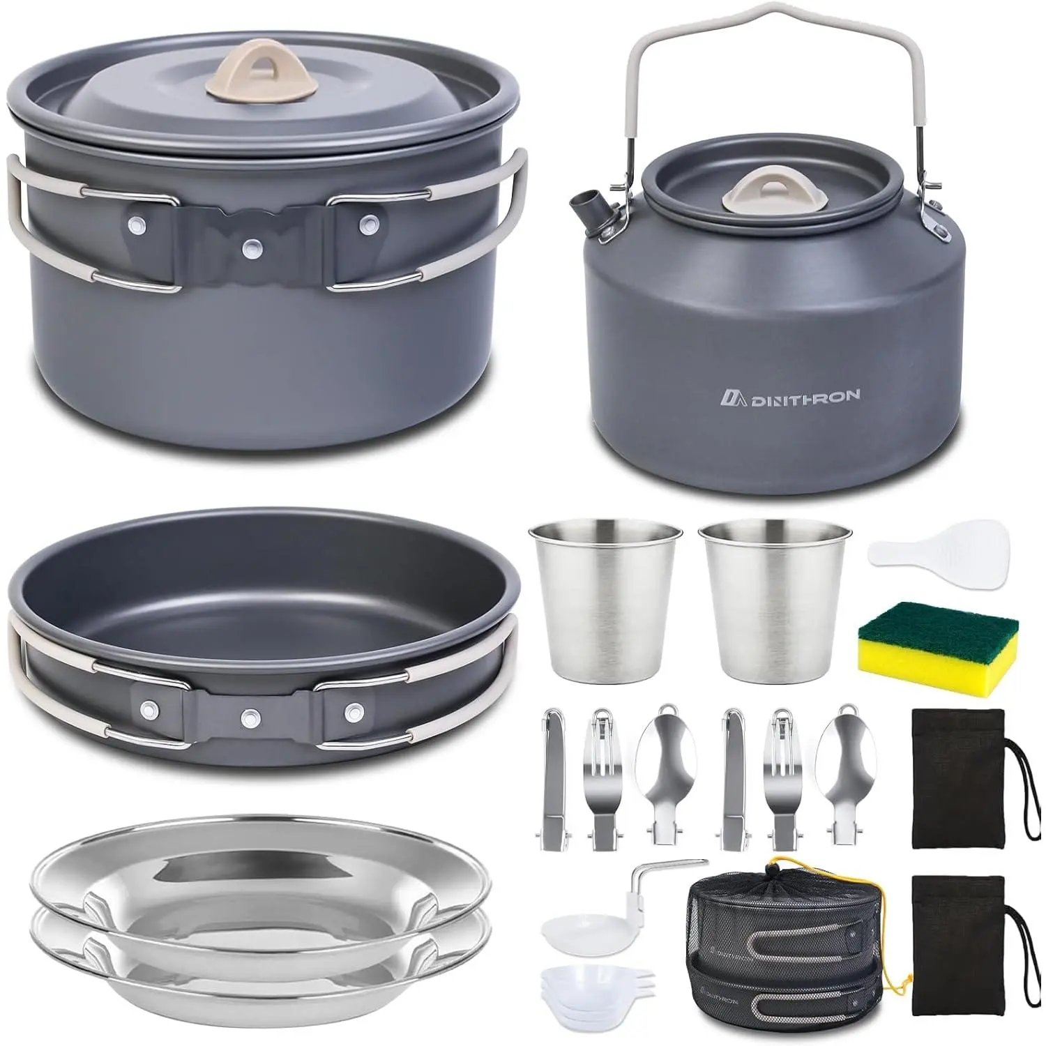 22pcs Camping Cookware Nested Set - Nonstick Pots, Pans, 1.6L Kettle, Nested Storage, Foldable Handles, 1kg Pack Weight for Hiking Light Outdoor, Outdoor Cooking, Backpacking