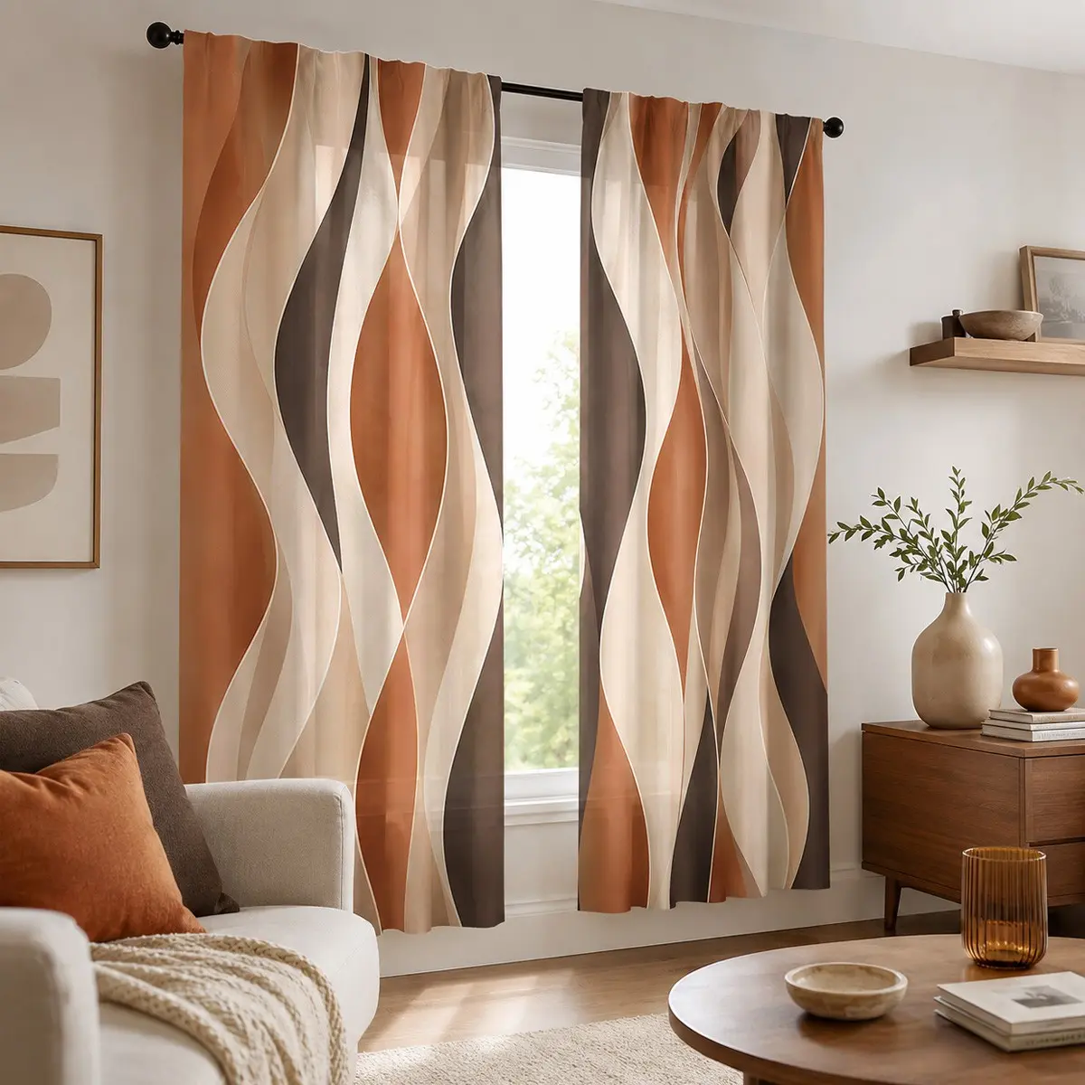 2pcs Milk tea light brown gradient abstract wave semi-blackout curtains; retro American style fine white striped print fabric curtains, made of polyester, suitable for bedrooms, kitchens, studies, cafes, etc. Semi Shading Curtain