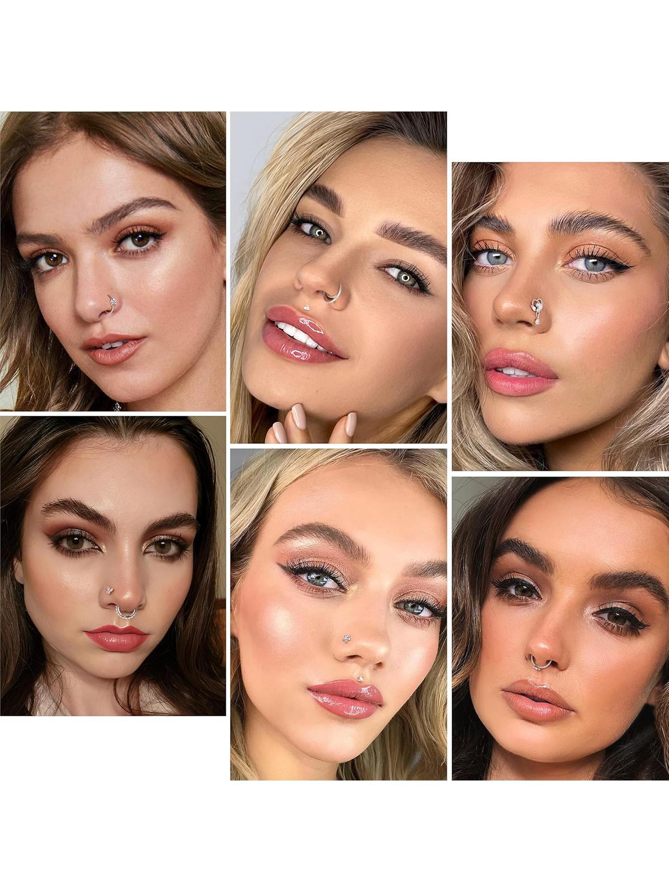 L Shaped Nose Ring, Stainless Steel Nose Studs Ring, Dangle CZ Butterfly Flower Nose Studs Hoops Piercings Jewelry Gift for Women Men, Nose Piercings Kit