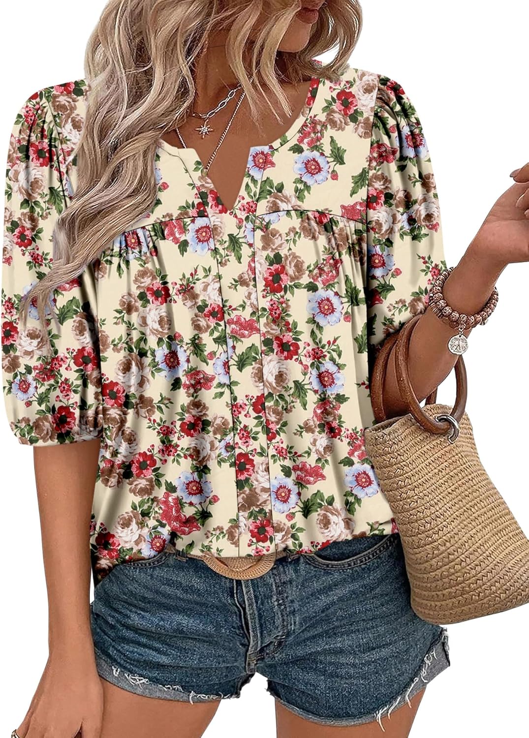 Womens Puff Half Sleeve Summer Tunic Tops Casual Chest Pleated Shirts Work Blouse for Women Dressy