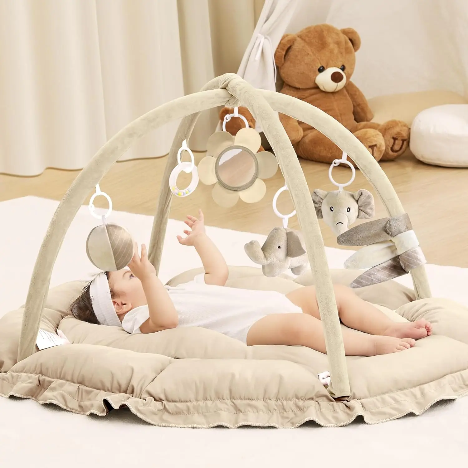 5 in 1 Baby Play Gym Mat, Reversible Tummy Time Mat with 5 Sensory Toys  Stage-Based Developmental, Thick & Large Baby Activity Center from Newborn to Toddler (Khaki)