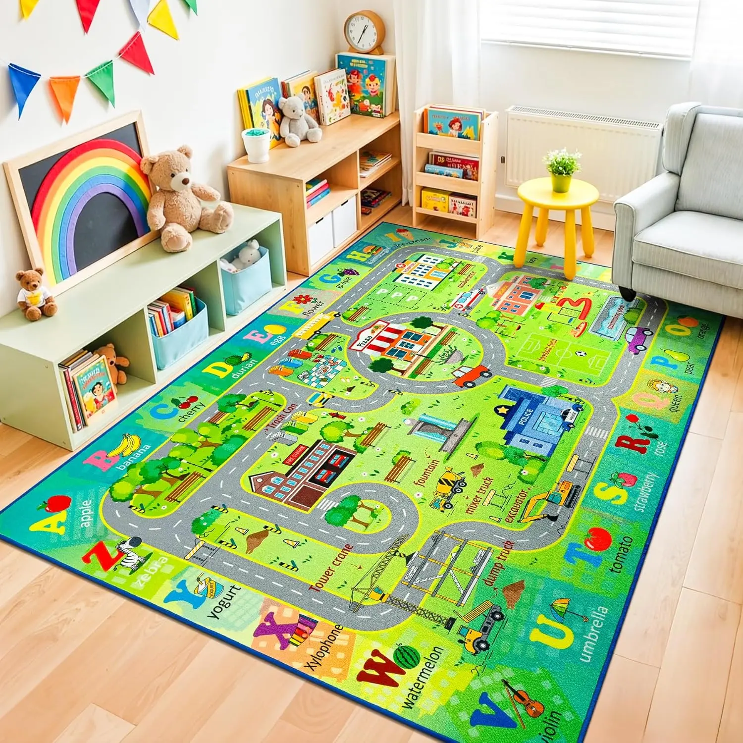 4x6  Road Area Rug for  Playroom Bedroom, Non Slip Low Pile Washable ABC Alphabet Carpet for Classroom, Track Play Mat for     Room Decor, Green