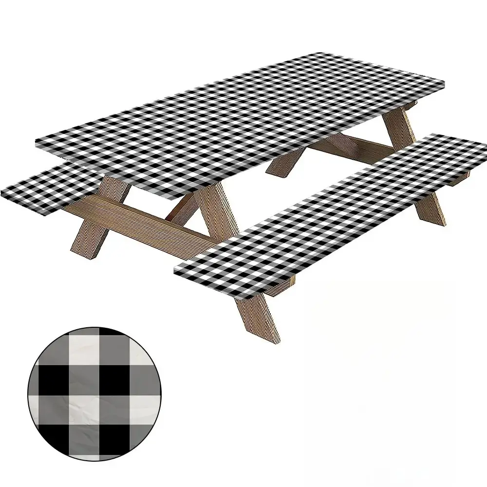 Plaid Picnic Table Cover Set -Outdoor All-Weather Tablecloth with Bench Covers, Waterproof Patio Camping Party Table Protector