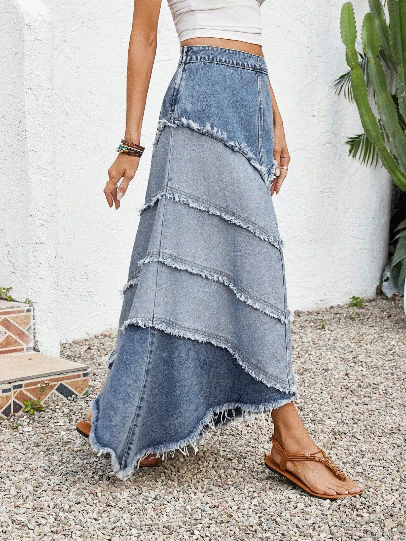 Layered Frayed Edge Patchwork Asymmetrical Denim Long Skirt, Deep and Light Color Block Split High Waist Midi Dress