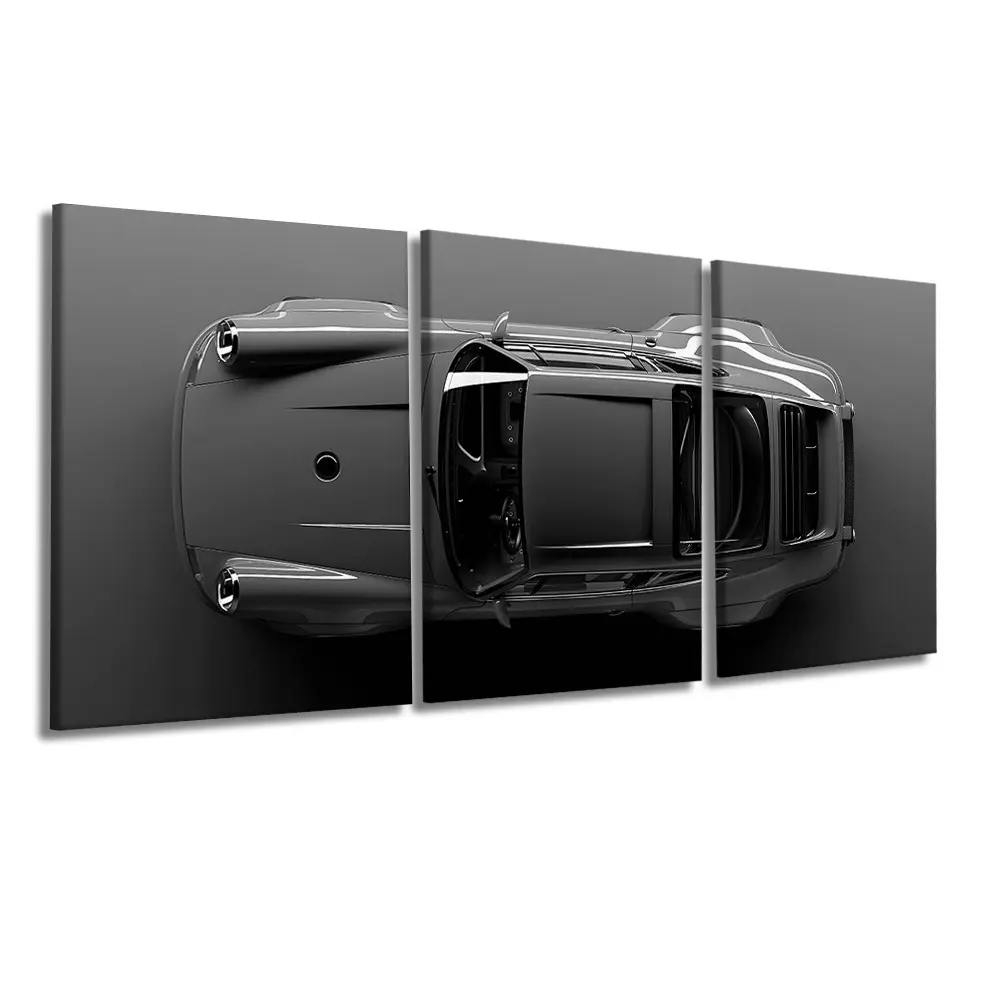 3 Pcs/Set Wooden-Framed Canvas Painting, Top View Monochrome Black Classic Sports Car Minimalist Gray Background Three Panel Canvas Wall Art Garage Man Cave Modern Bedroom Entryway Apartment Home Decor, Fashion Artistic Ornaments, Artwork