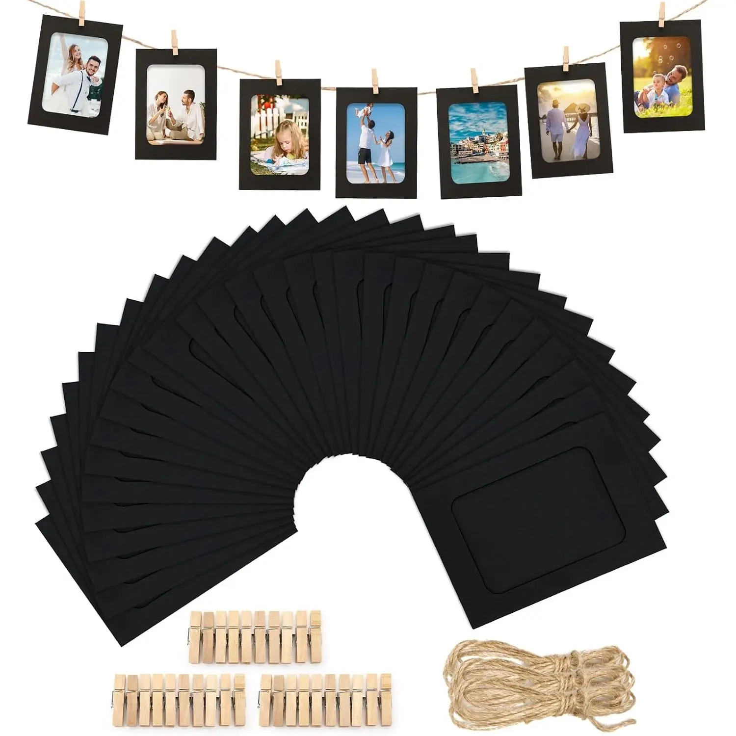 30Pcs Paper Picture Frames - 4x6'' Black Paper Photo Frames Cardboard Picture Frames with Clip and String DIY Clip Photo Holders Photo Hanging Display Kit Wall Decoration for Home Party Office