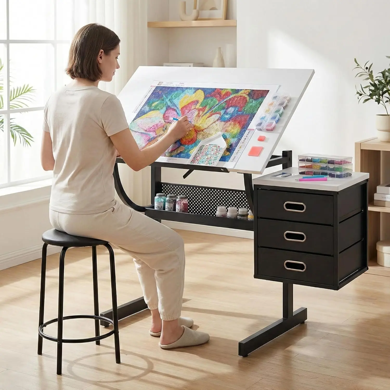 MOMONITOR Adjustable Drafting Table with Stool & 3 Drawers, Tilting Art Desk for Drawing & Crafting, Multi-Functional Study & Office Desk