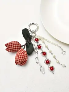 Fabric Cherry Resin Heart Pearl Pendant, Women's Bag Accessory, Keychain, Versatile Hanging Ornament, Fashionable Jewelry Gift