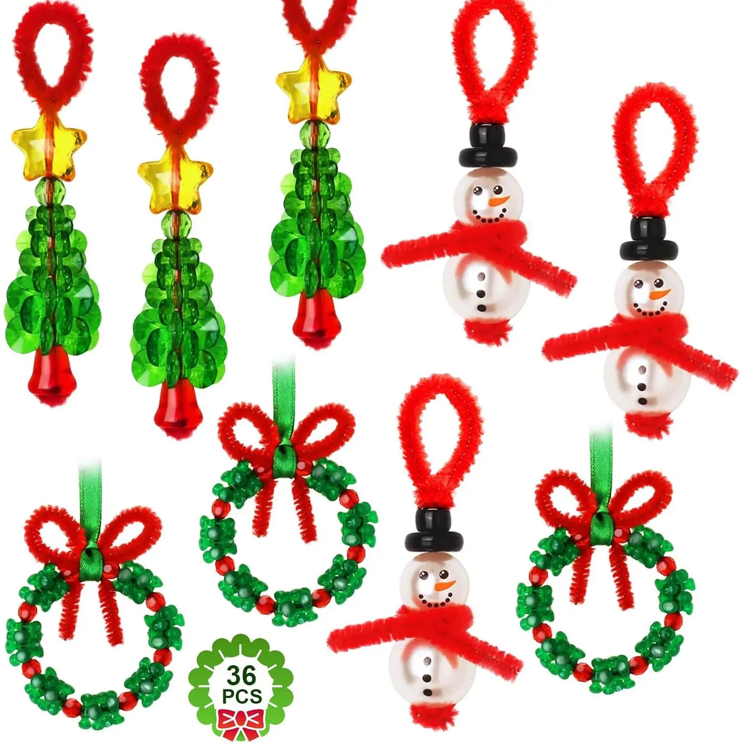 Christmas Crafts,36 Sets Beaded Ornament Kit,Xmas Party Holiday Craft | With 12 count Snowman/12 PCS Christmas Tree/12 PCS Wreath,Christmas Tree Ornaments Decoration,Family Activity Easy to Assemble