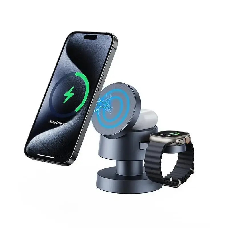 Magnetic Wireless Charger, 4-In-1 Portable 15w Fast Charging Station for iPhone AirPods Apple Watch, Dual Adjustable LED Lights, High Speed Charger, Multifunctional Charger, High Efficiency Charger, Super Fast Charger, Magnetic Charger Base