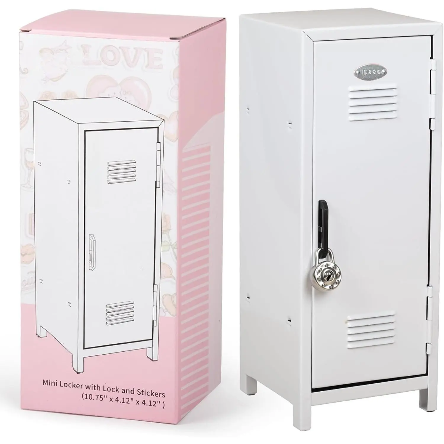 Mini Locker with Lock & , Stickers, Metal Small Locker for Desktop, Girls Lockbox Desktop Storage Organizer,  Safe and  Lock Box for Girls Safe, White
