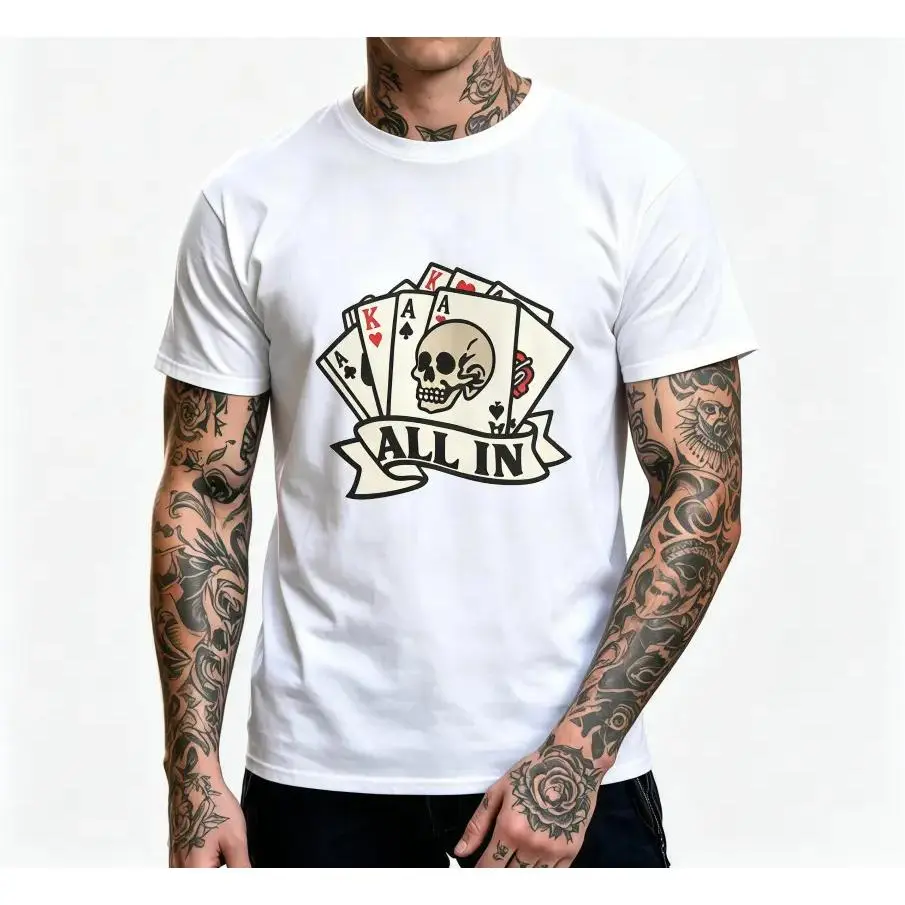 Vintage Tattoo Poker T-Shirt, Skull Graphic Tee For Gamblers, All In Gambling Gift For Men, Birthday Gift Holiday Gift