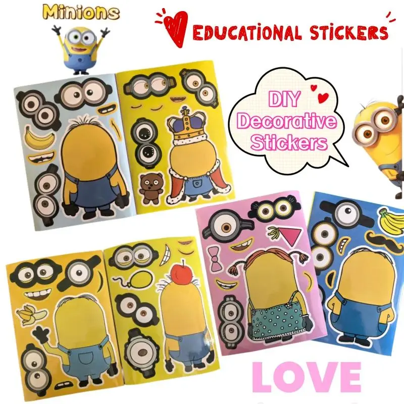 6pcs Anime Minions Kawaii Decorative Stickers - DIY Hearts Design, for Children, Home Decoration, Wholesale Home Supplies, Cute Hearts
