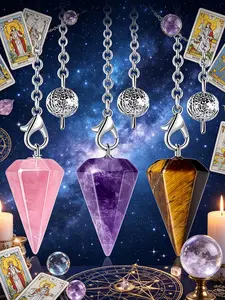 3pcs Natural Stone Crystal Pendulum, Hexagonal Mining Tool, Amethyst, Tiger Eye, Rose Quartz, Spiritual Exploration, Chain Included