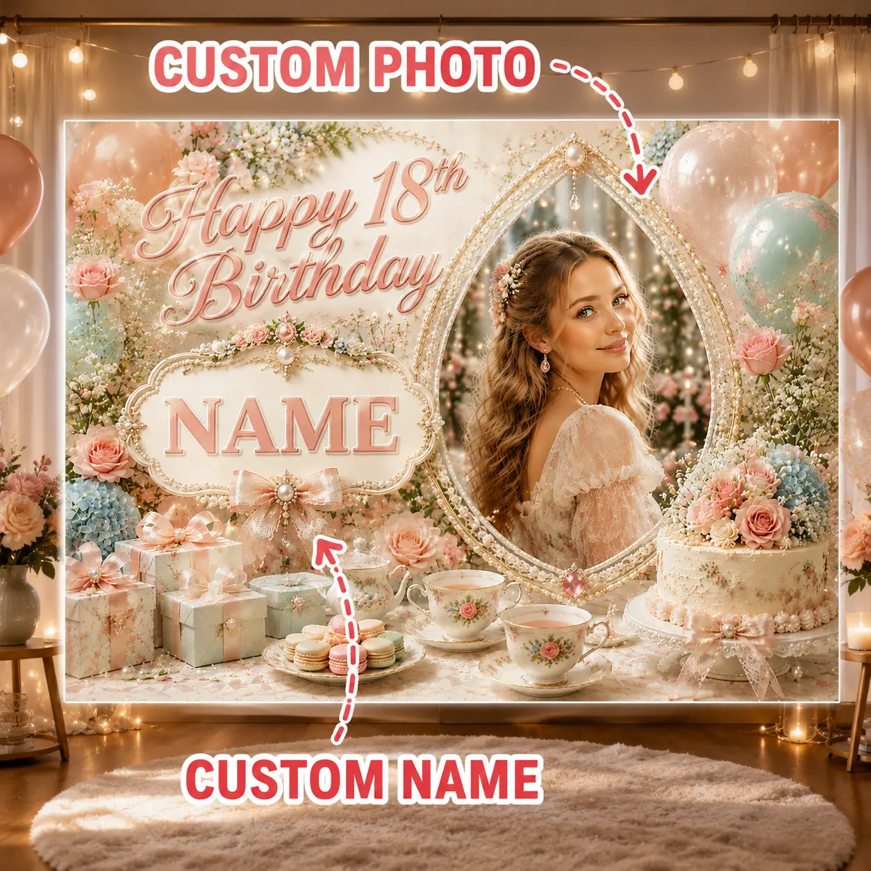 Personalized Blush Floral 18th Birthday Backdrop with Photo and Name, Roses, Tea Party, Cake, Balloons and Gifts