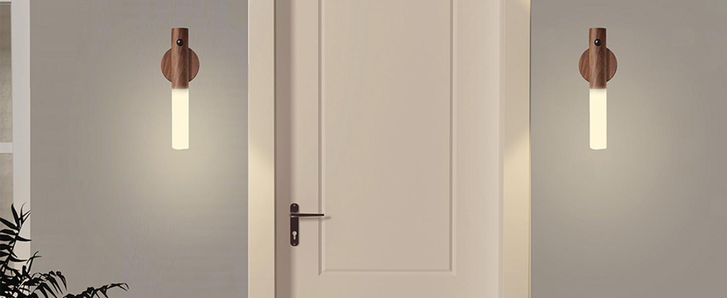 Wooden Motion Sensor Night Lights, Magnet Body Hallway Lamp, Rechargeable LED Wall Sconces, Portable for Stairway Bedroom, Battery Powered (White Ash Wood 2PC)