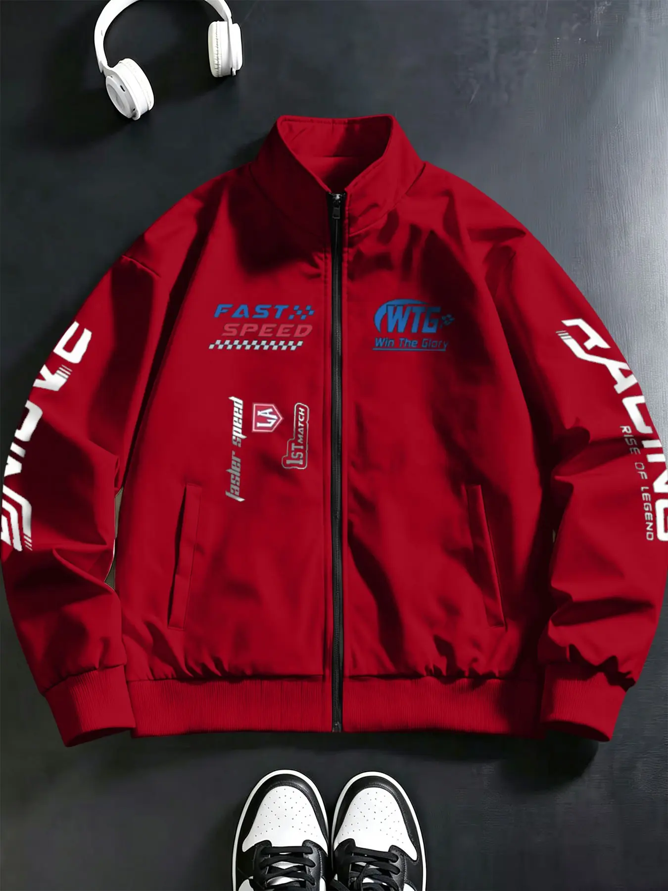 American Style Fast Speed Racing Print Stand Collar Jacket for Men, Vintage Wtg Race Loose Motorcycle Windbreaker, All-Season Outerwear