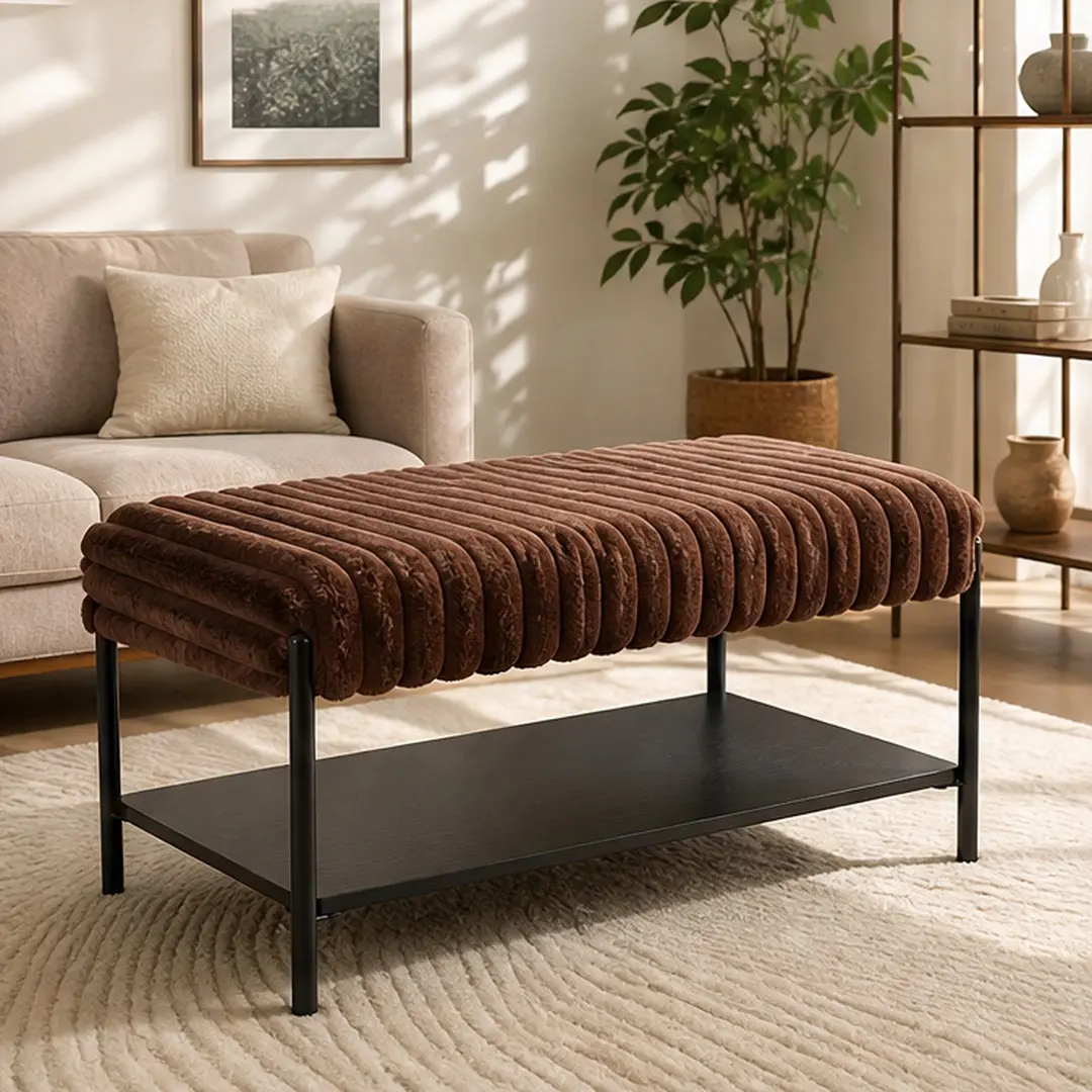 Brown Faux Fur Upholstered Ottoman Coffee Table - 30.7" Wide Foot Rest with Storage Shelf, Black Metal Legs, Living Room Decor, Extra Guest Seat for Bedroom Entryway