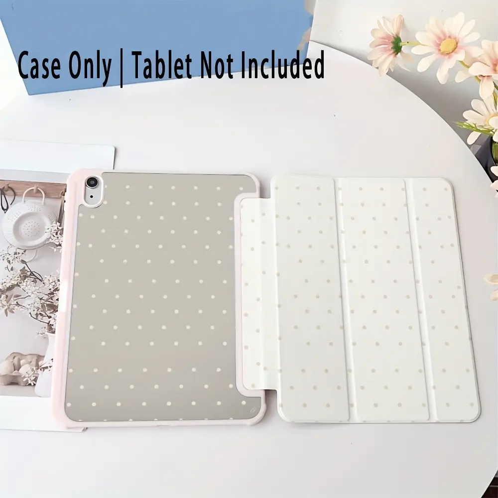 "Morandi Grey-Beige Polka Dot" foldable, non-slip TPU protective case featuring an adjustable stand and stylus holder; compatible with Samsung, iPad mini, iPad Air, iPad Pro, and iPad (10th/11th Gen) series.