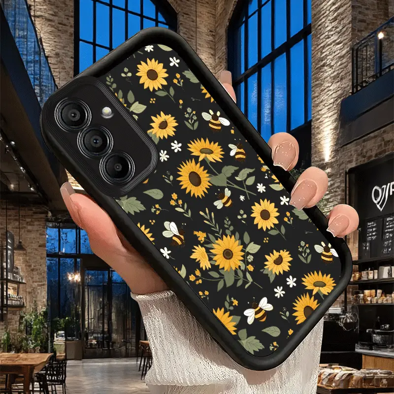 Cute All Over Sunflower & Bumble Bee Print Phone Case for Samsung Galaxy S26 S25 S24 S23 S22 Plus Ultra FE A13 A14 A15 A16 A17 A33 A34 A35 A36 A52 A53 A54 Note20 Ultra Soft TPU Full Coverage Shockproof Anti Slip Floral Cell Phone Cover