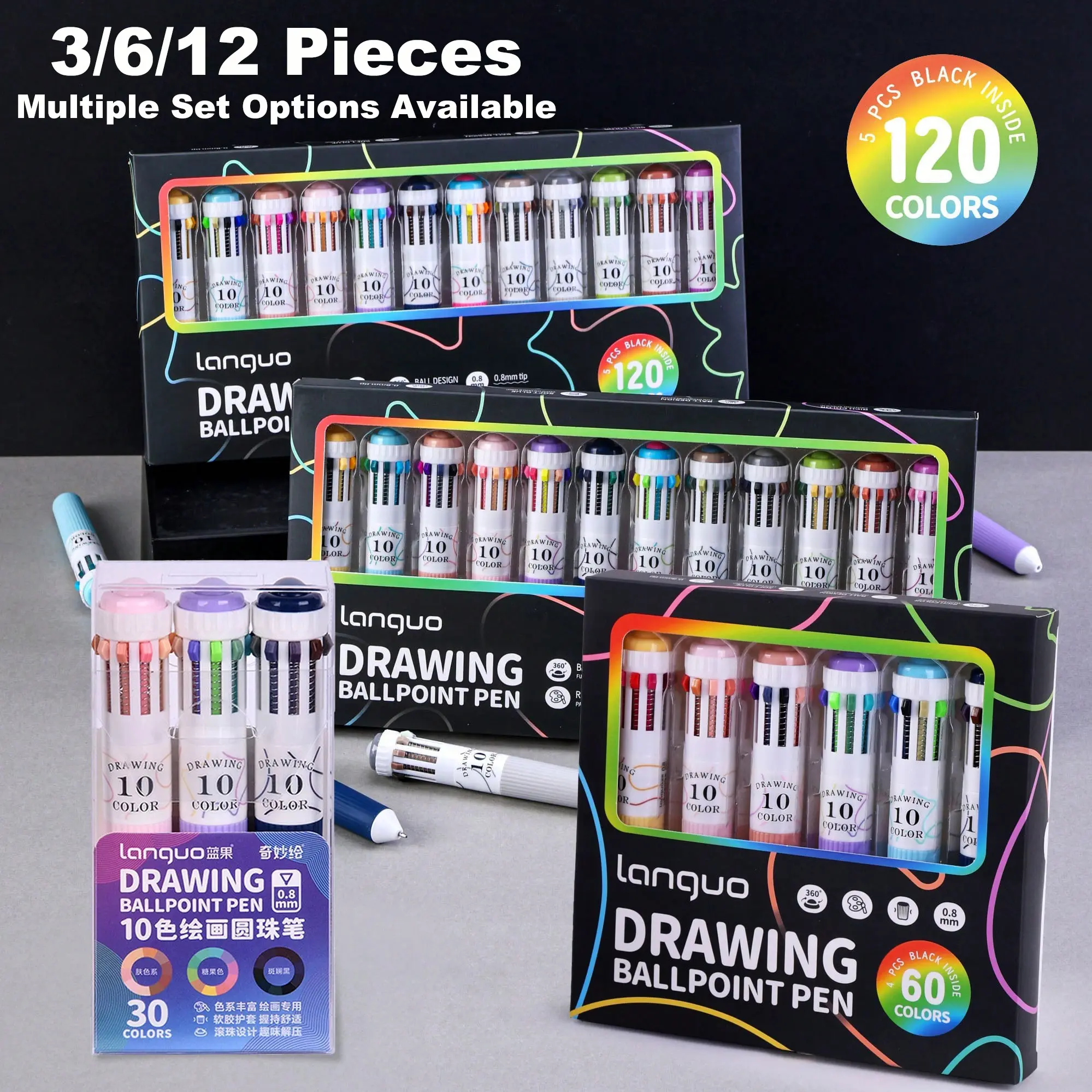 10 Colors Ballpoint Pen Set, 3/6/12 Packs Colorful Drawing Pens, 0.8mm Smooth Ink, Soft Rubber Grip, Ideal for Painting, Note-Taking, Writing