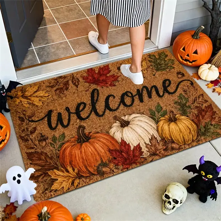 Halloween Pumpkin Door Mat, Fall Welcome Front Door Rug with Maple Leaf Pattern, Easy Clean Indoor Outdoor Entryway Decor for Home, Kitchen, Bedroom, Bathroom