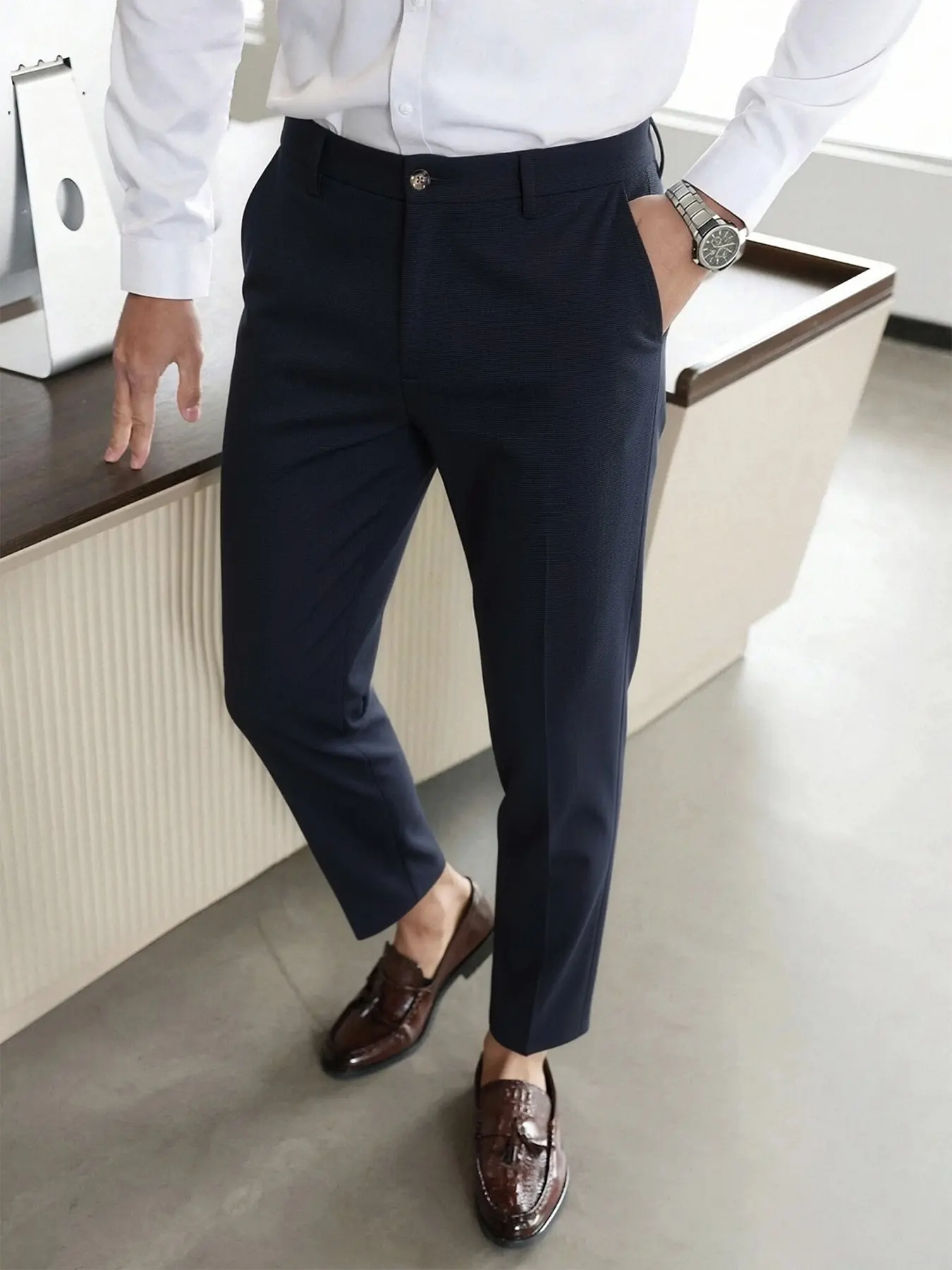 Men's Spring & Fall Suit Pants, Casual Business Style, Fitted H-Type, High Waist, Button Fly, Ankle Length, Comfortable Fabric