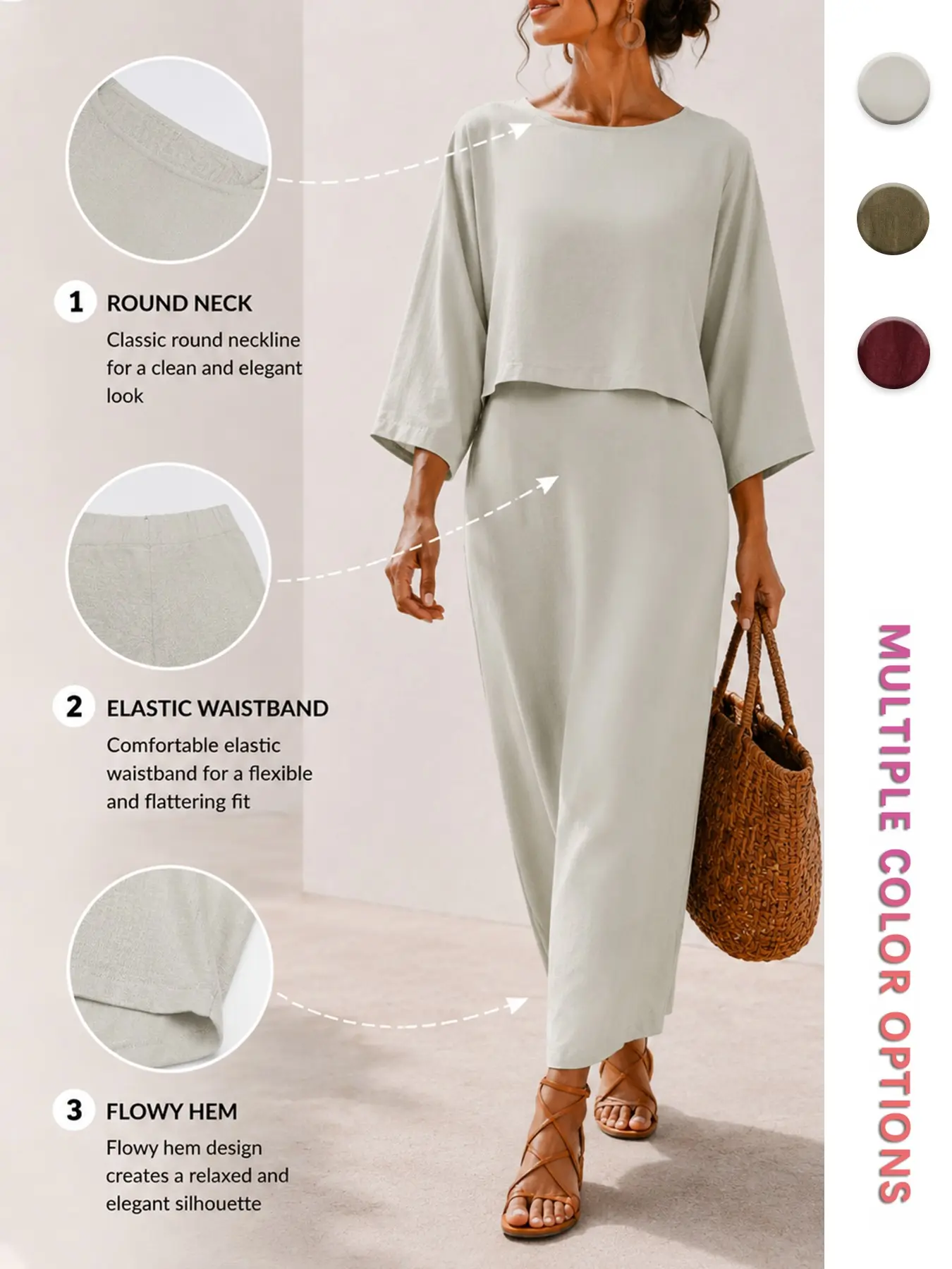 Two-Piece Set Half Skirt, Linen Texture Polyester Fabric, Loose Fit, Boat Neck Three-Quarter Sleeve Top + High Waist Split Midi Skirt, Summer Casual Wear