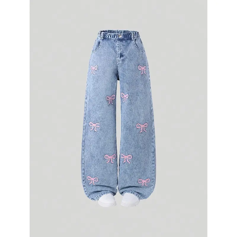 Girls' Casual Printed Polyester Jeans, Regular Fit Washed Breathable Bottoms for Teens Ages 13 - 14 Years, Elastic Waist Jeans, Viscose, Casual Wear, All-Season