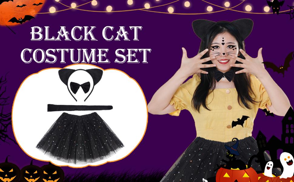 Black Cat Costume Set – Complete Kit with Cat Ears Headband, Tail, Bowtie & Tutu, Perfect for Kids Halloween, Dress Up & Cosplay