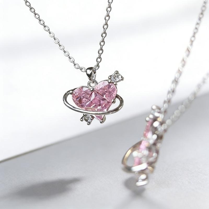 1pc Stainless Steel Heart Pendant Necklace with Shiny Pink Zirconia - Perfect for Couples Weddings Valentines Day & Holiday Gifts