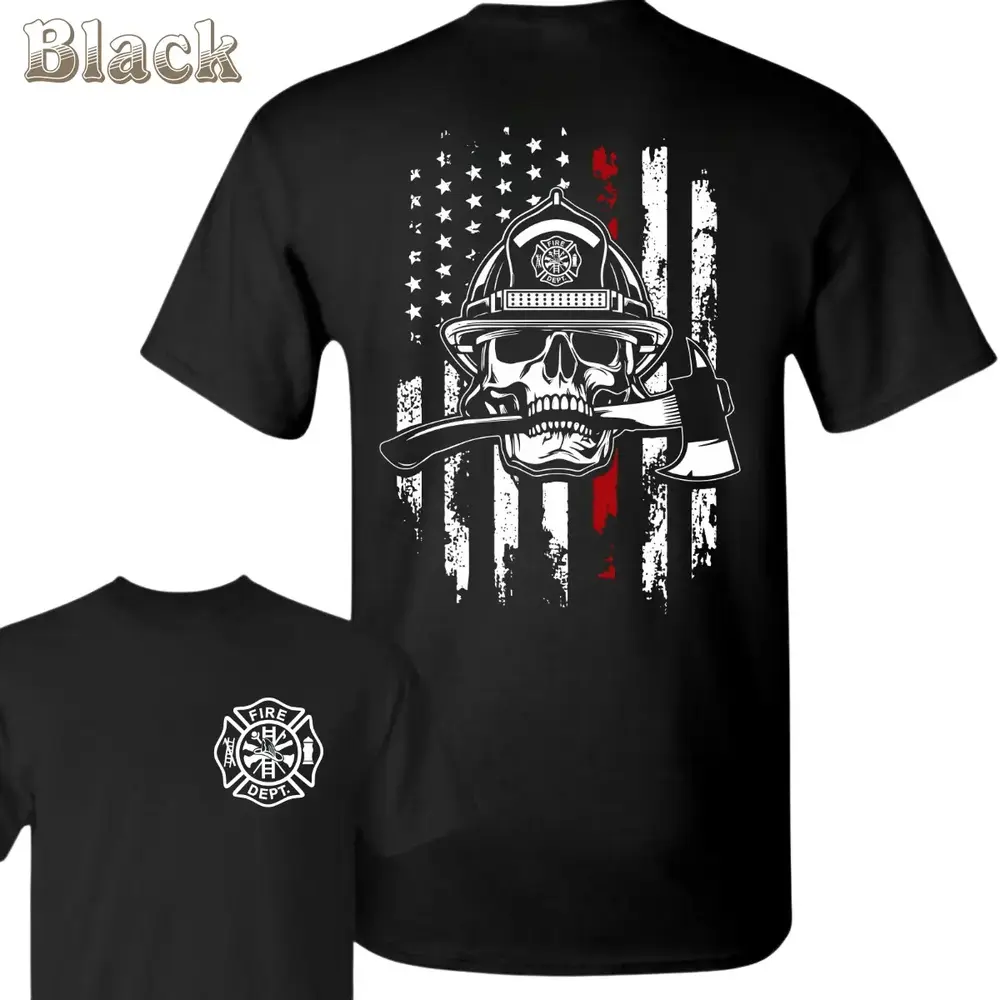 180Firefighter Skull T-Shirt - Skull In Fire Helmet Biting Axe With Distressed American Flag Back Graphic , Fire Dept Chest Badge Print , Patriotic First Responder Theme , Daily Casual Wear , Graphic Tee , Soft Cotton Gift For Firefighters Menswear Casual