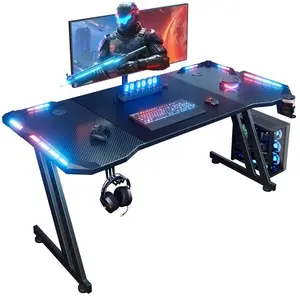 Z-Shaped Office Desk with LED Light Strips, Carbon Fiber Surface, Cup Holder, Headphone Hook - Large Commercial Furniture Workstation for Home Office, Gaming Use modern foldable Adjustable Heavy-Duty Workbench Wheels table Triamine Steel Feet Computer