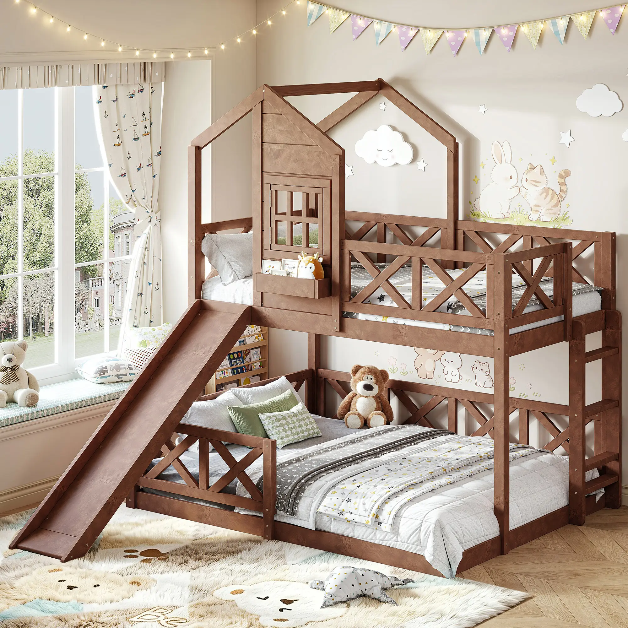 ARCH Twin Over Full Bunk Bed Frame with Slide - Wooden Playhouse Look 2-Bed Design, X-Guardrails, Window, Storage Space, No Box Spring Needed, Natural MDF/Pine/Plywood, 88.4x79.5x78 in, Natural Color Options