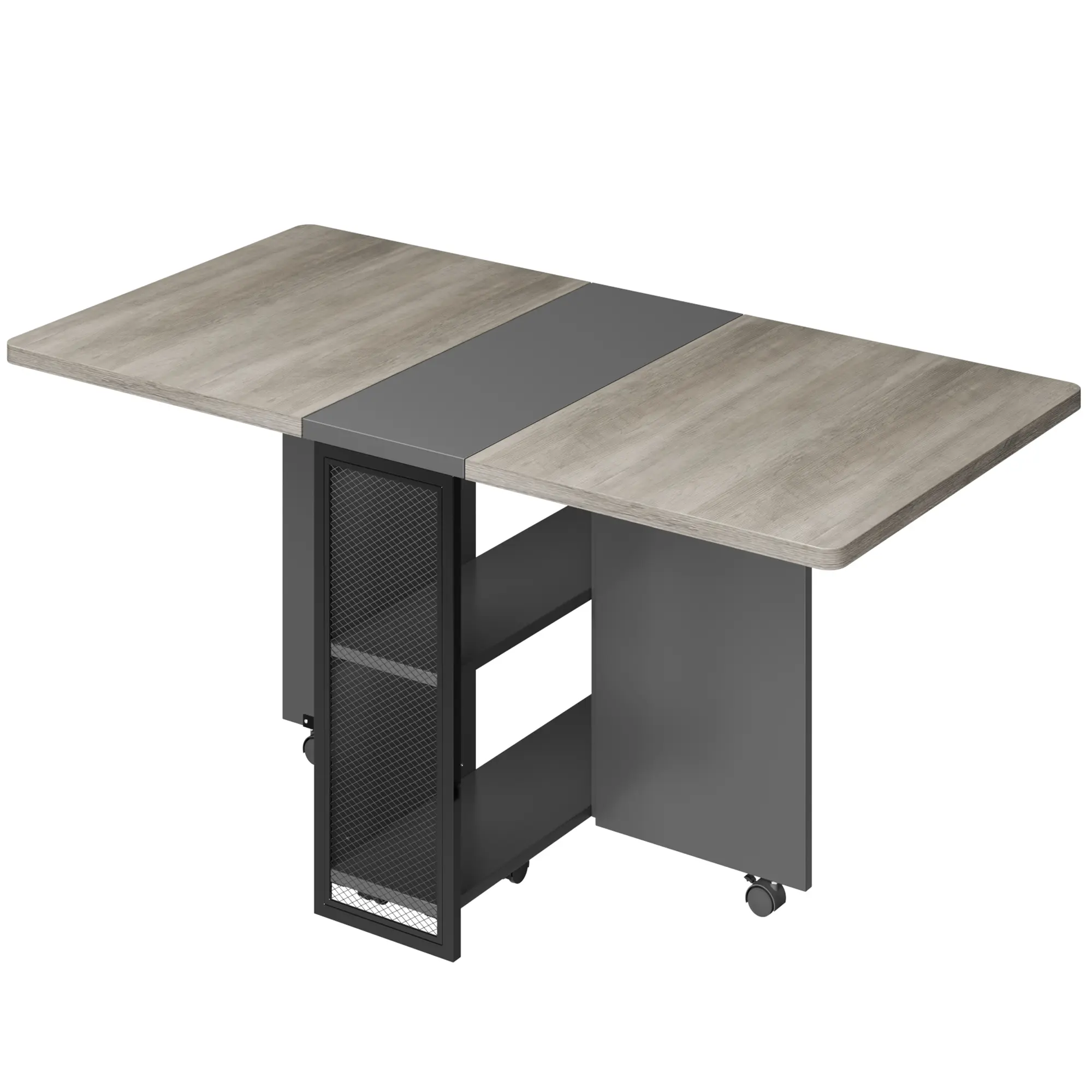 Space-Saving Folding Dining Table with Drop Leaf, Expandable Rolling Kitchen Island Cart with 6 Lockable Wheels & 2-Tier Storage Shelves, Collapsible Multipurpose Desk Furniture for Small Spaces, Apartments, and Dining Rooms, Grey Wood Finish.