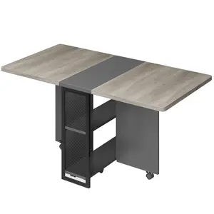 Space-Saving Folding Dining Table with Drop Leaf, Expandable Rolling Kitchen Island Cart with 6 Lockable Wheels & 2-Tier Storage Shelves, Collapsible Multipurpose Desk Furniture for Small Spaces, Apartments, and Dining Rooms, Grey Wood Finish.