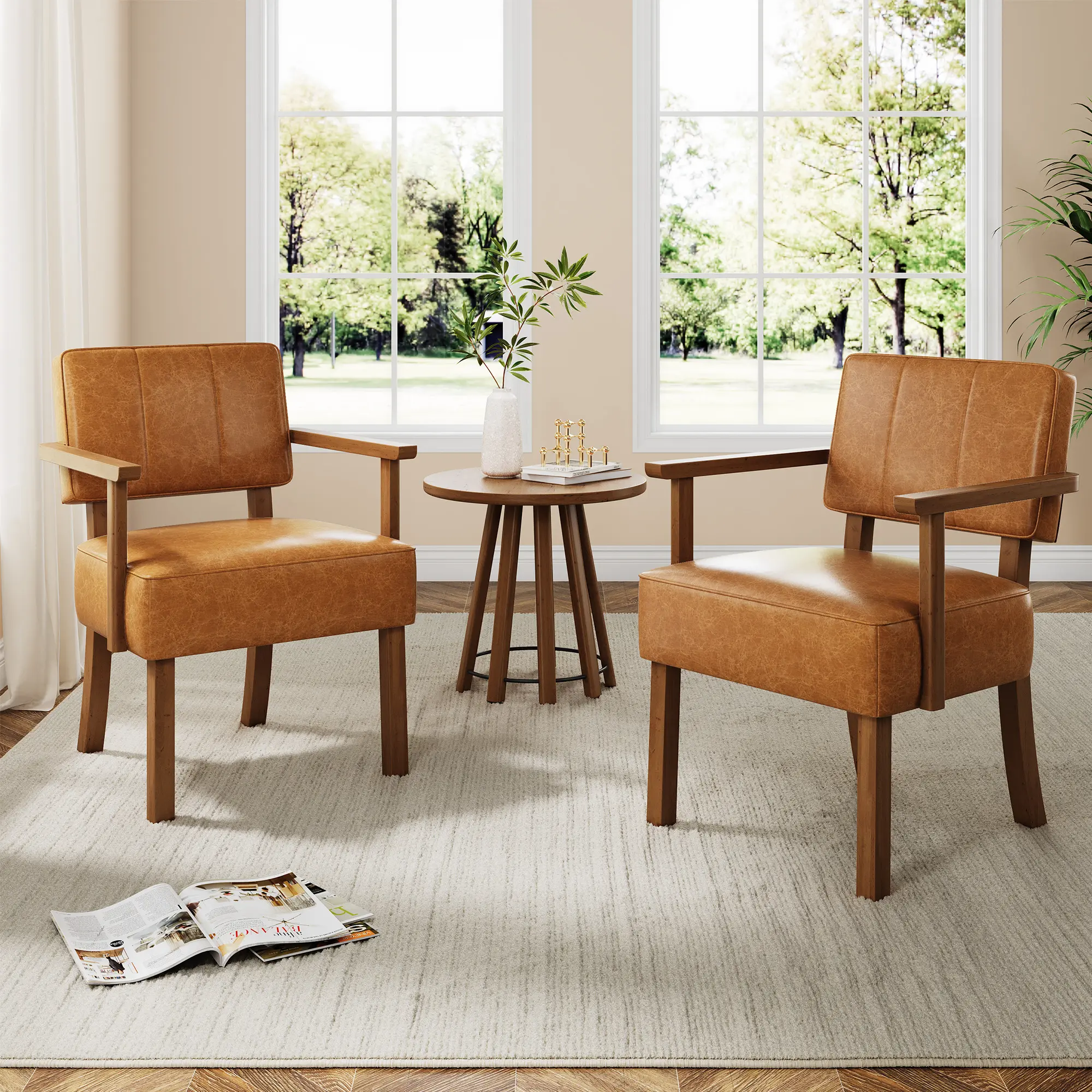 Mid-Century Modern Single Dining-Lounge Chair - PU Faux Leather Upholstered Armchair - Classic Vertical Stripe Back - Sturdy Wood Frame - Ideal for Living Room, Bedroom, Single Chair