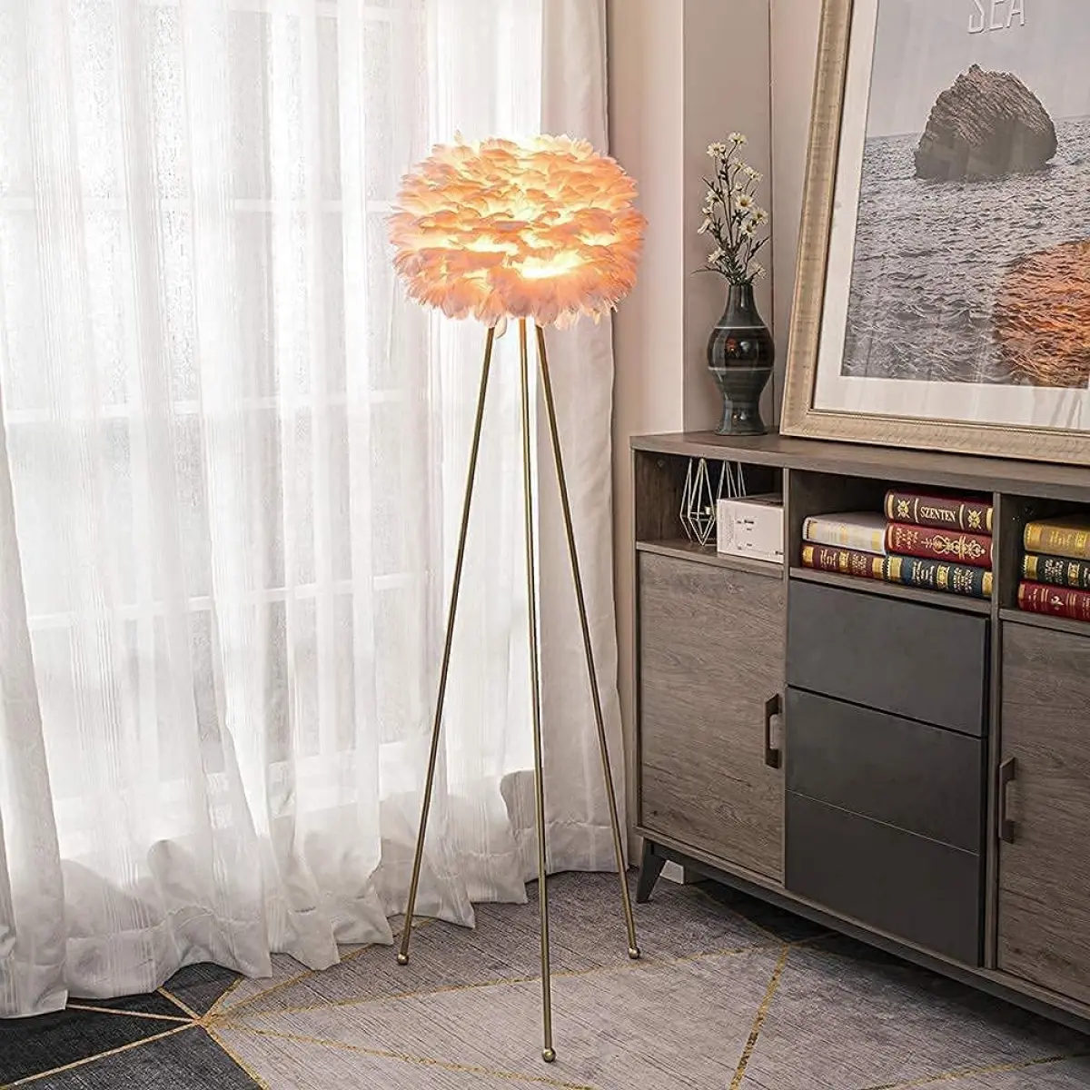 Modern Art Feather Floor Lamp, 60 Inches Tall Metal Standing Lamp With Pink Feather Lampshade For Living Room, Bedroom, Office, Study, Hotel Decoration