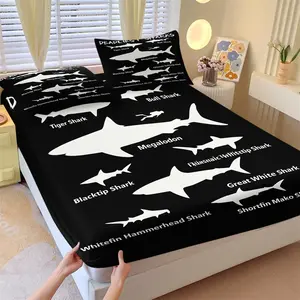 Ocean Animal Shark Outline Pattern Fitted Sheet Set, 1 Fitted Sheet + 2 Pillowcases, Soft Breathable Bedding, All Season Use, Deep Pocket Non-Slip Mattress Protector, Birthday Gift Teen Bedroom Layout Decor