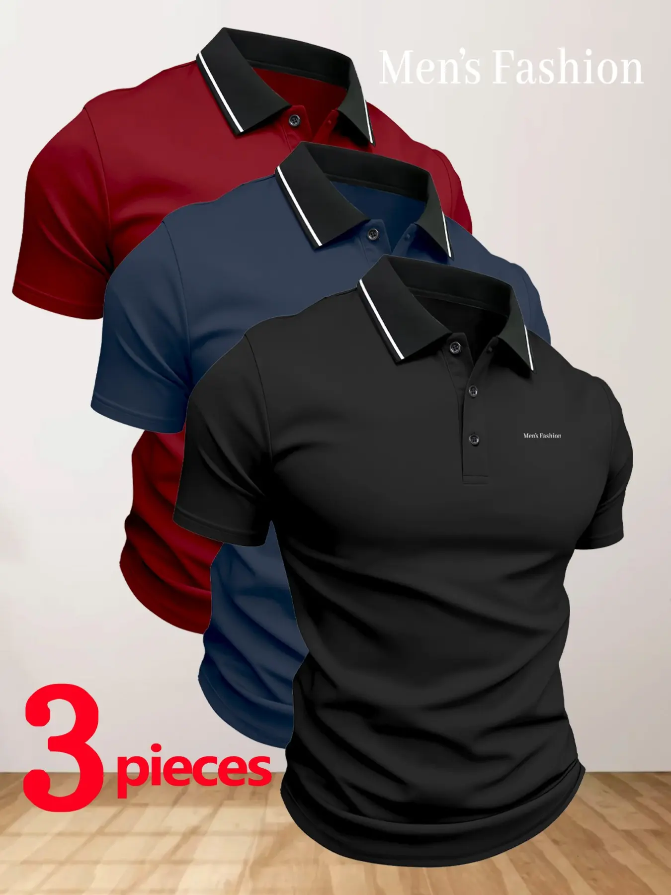 Three-Piece S8 Men's Quick-Dry Polo Shirts, Sporty Geometric Print, Breathable & Comfortable, High-Quality Stretch Fabric, All-Season Wear