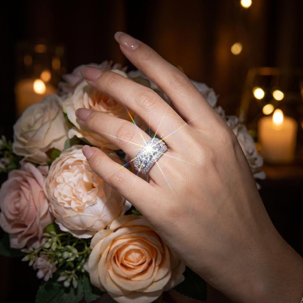 Moissanite Ring for Women - Triple Row Pave Setting D Color VVS1 Clarity 9.25 Hardness Lab Grown Diamond Alternative Engagement Wedding Band