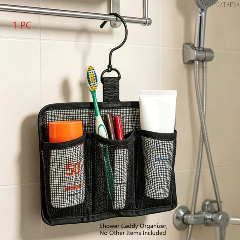 Portable Hanging Shower Caddy with Rotatable Hooks, Lightweight Mesh Bathroom Organizer, 3 Compartment Toiletry Bag with Open Top, Black, Ideal for Travel, Gym, Dorm and Camping